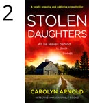 Stolen Daughters by Carolyn Arnold, a barn at the end of a dirt laneway under a red fiery sky.