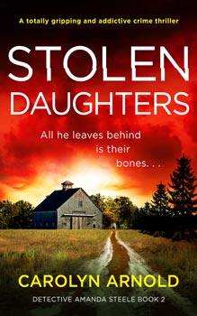 Stolen Daughters by Carolyn Arnold, a barn at the end of a dirt laneway under a red fiery sky.