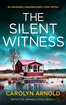 The Silent Witness by Carolyn Arnold, a red cottage on a lake under a teal sky.