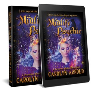 Midlife Psychic by Carolyn Arnold a woman seeing a vision amidst the cosmoses with gold sparks raining down