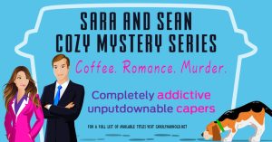 Sara and Sean Cozy Mystery Series by Carolyn Arnold | Sara and Sean standing side-by-side looking at Magnum the beagle sniffing at some footprints.