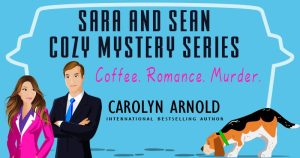 Sara and Sean Cozy Mystery Series by Carolyn Arnold | Sara and Sean standing side-by-side looking at Magnum the beagle sniffing at some footprints.