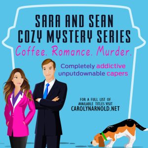 Sara and Sean Cozy Mystery Series by Carolyn Arnold | Sara and Sean standing side-by-side looking at Magnum the beagle sniffing at some footprints.