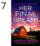 Her Final Breath by Carolyn Arnold, a red barn in a field as the sun sets in shades of blue, pink, purple, and yellow.