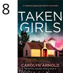 Taken Girls by Carolyn Arnold, an old schoolhouse with red doors with the sun setting in shades of teal, and pink.