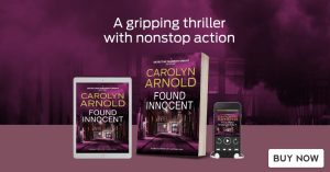 Found Innocent by Carolyn Arnold Read Now, a woman in a yellow overcoat running down an alley at night