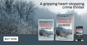 Sacrifice by Carolyn Arnold Read Now, a boathouse at the end of a dock sitting in a frozen river under a cloudy sky