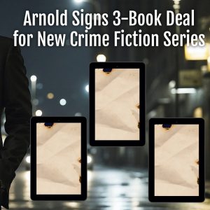 Arnold signs 3-book deal for new crime fiction series. Arm of person in silhouette, hand tucked into pocket of jacket. and three tables with brown paper covering the displays. Background blurred out cars with headlights on at night in a city driving toward foreground.