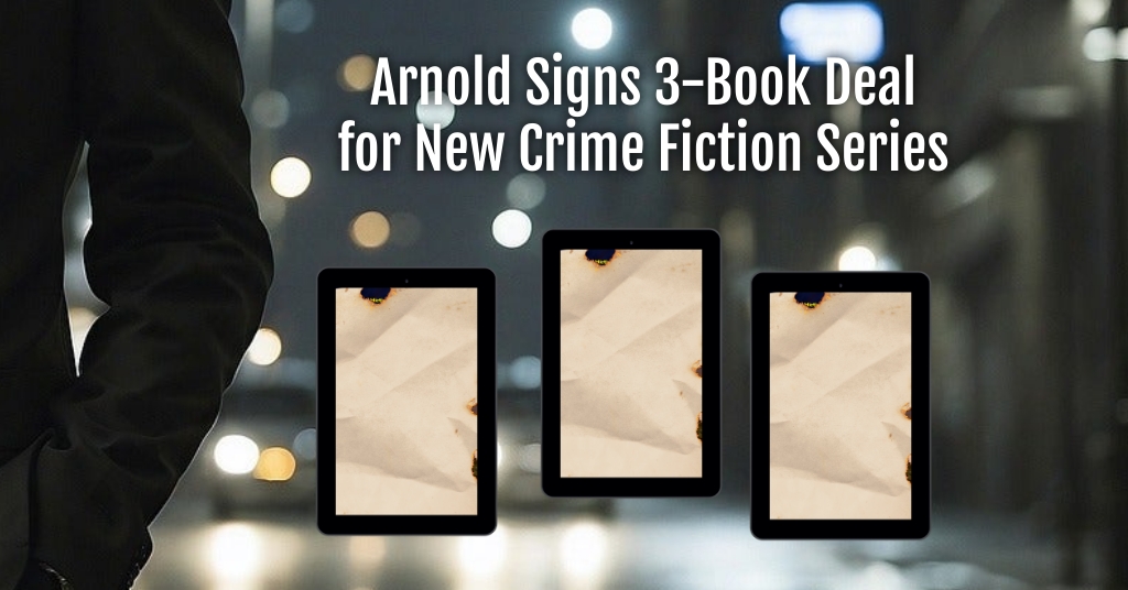 Arnold signs 3-book deal for new crime fiction series. Arm of person in silhouette, hand tucked into pocket of jacket. and three tables with brown paper covering the displays. Background blurred out cars with headlights on at night in a city driving toward foreground.