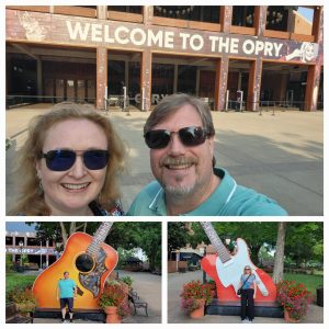 Top: Carolyn and George in front of the entrance to the Grand Ole Opry. Bottom left: George in front of Grand Ole Opry acoustic guitar. Bottom right: Carolyn in front of Grand Ole Opry electric guitar.