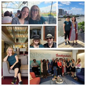 Top left: Carolyn with her editor Laura at the OXO restaurant for lunch. Bottom left: Carolyn sitting in the Hachette UK lobby ready for her tour. Center: Carolyn and George outside Carmelite House home of Hachette UK in London. Top right: Carolyn with her editor Laura on the rooftop of Hachette UK. Bottom right: Carolyn’s photo with the staff of Bookouture in London.