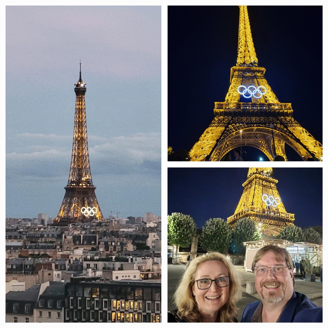 Left side: The Eiffel Tower with Olympic rings on in. Top right: Eiffel Tower with Olympic rings light up at night. Bottom right: Carolyn and George in front of the Eiffel Tower with Olympic rings light up at night.