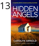 Hidden Angels by Carolyn Arnold, a white church, with long grass around it, and a blue to red to yellow fiery sky.